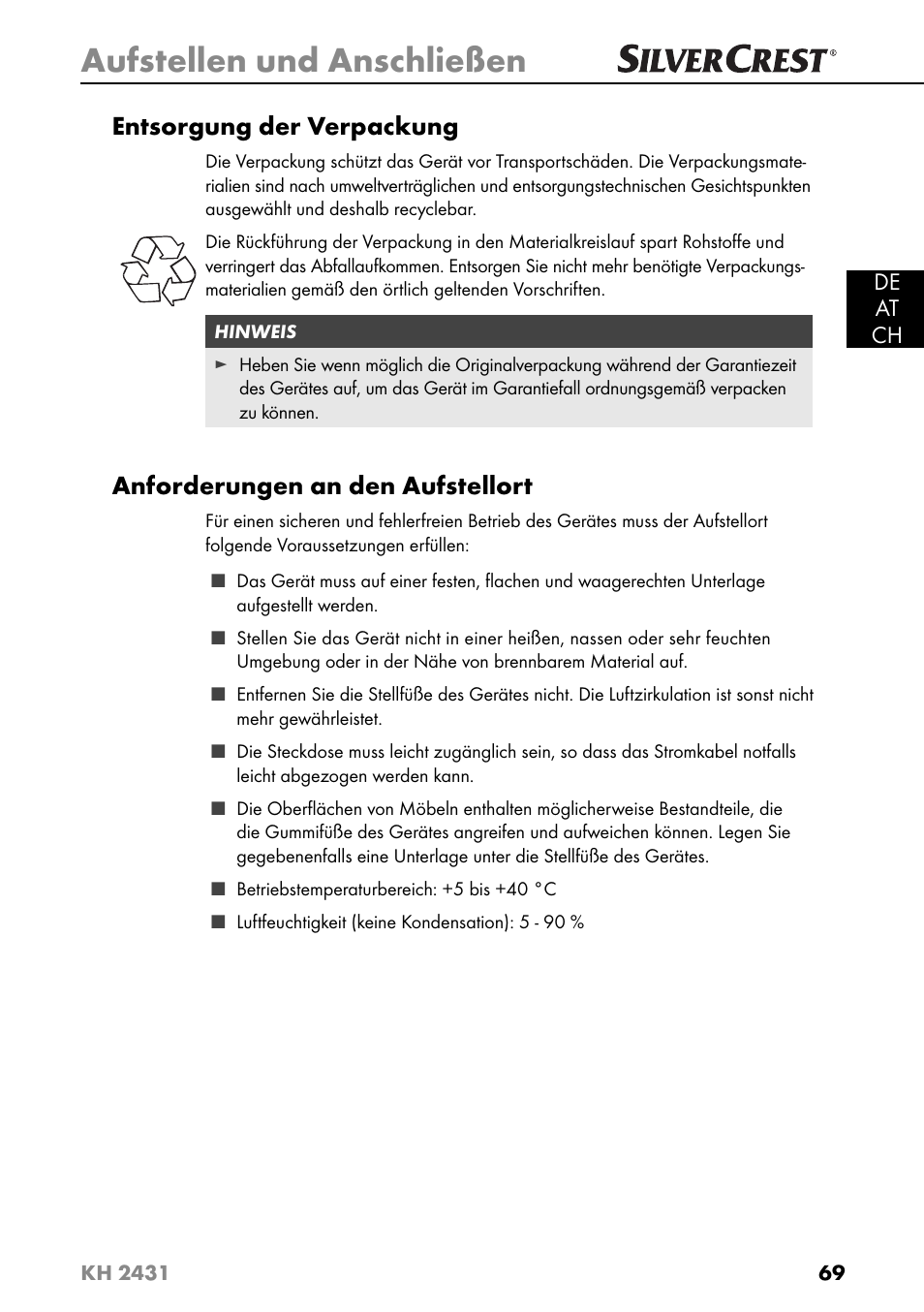 Aufstellen und anschließen, Entsorgung der verpackung, Anforderungen an den aufstellort | Silvercrest KH 2431 User Manual | Page 72 / 124