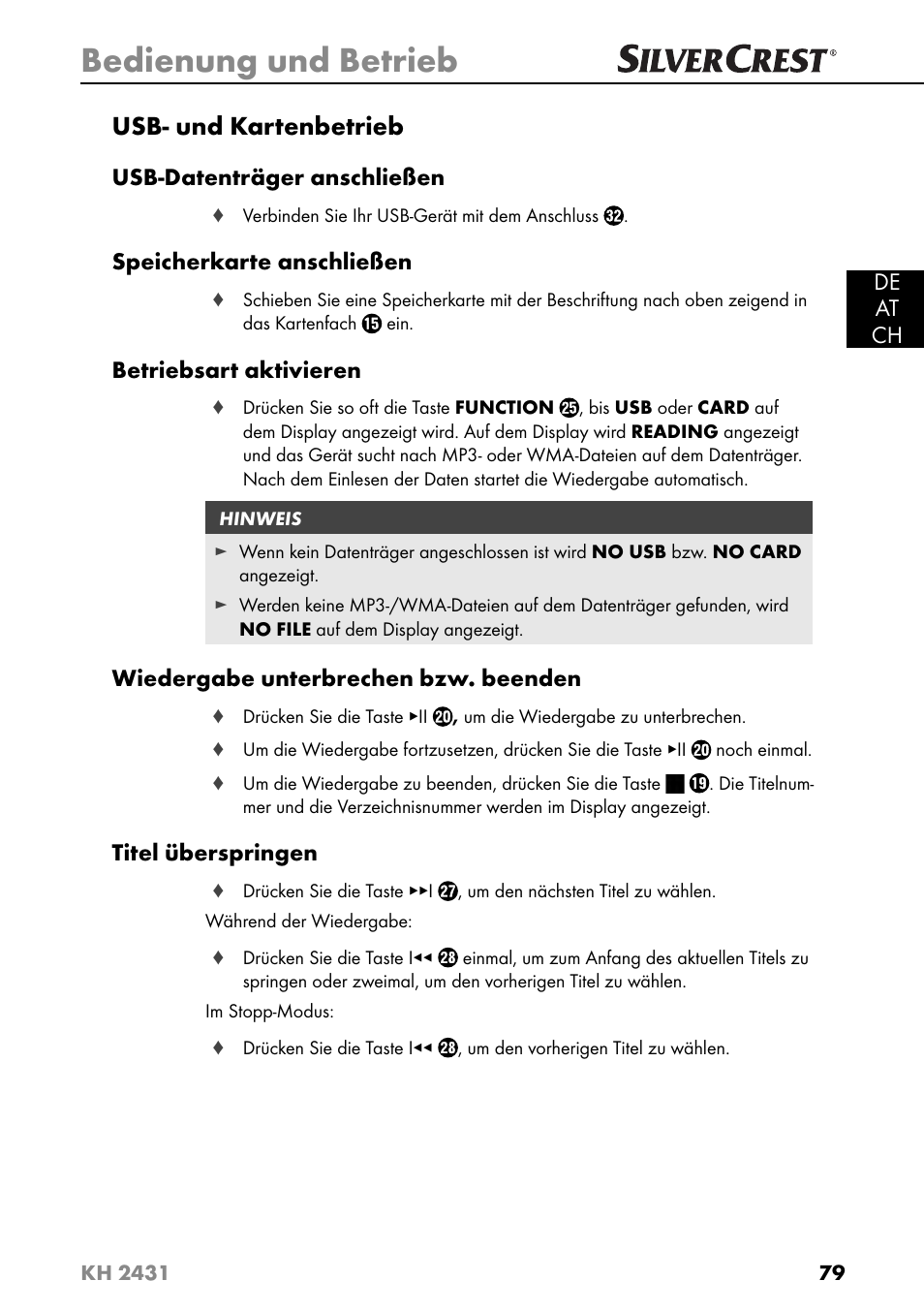 Bedienung und betrieb, Usb- und kartenbetrieb | Silvercrest KH 2431 User Manual | Page 82 / 124