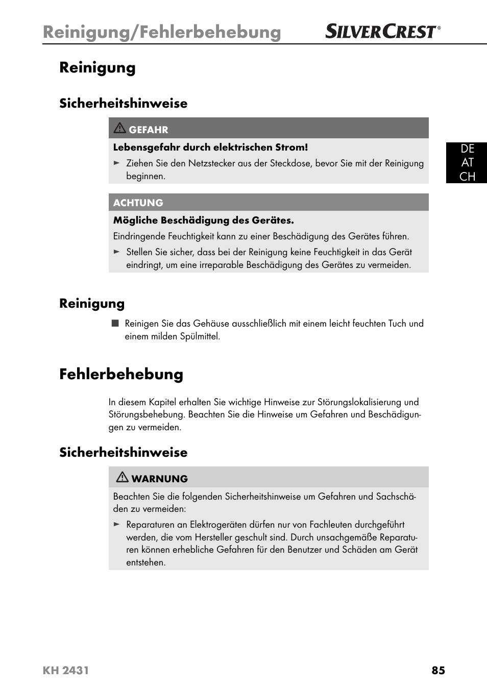 Reinigung/fehlerbehebung, Reinigung, Fehlerbehebung | Sicherheitshinweise | Silvercrest KH 2431 User Manual | Page 88 / 124