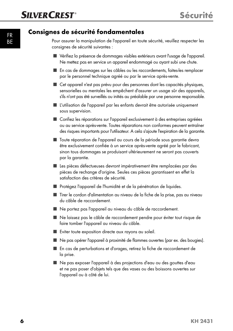 Sécurité, Consignes de sécurité fondamentales, Fr be | Silvercrest KH 2431 User Manual | Page 9 / 124