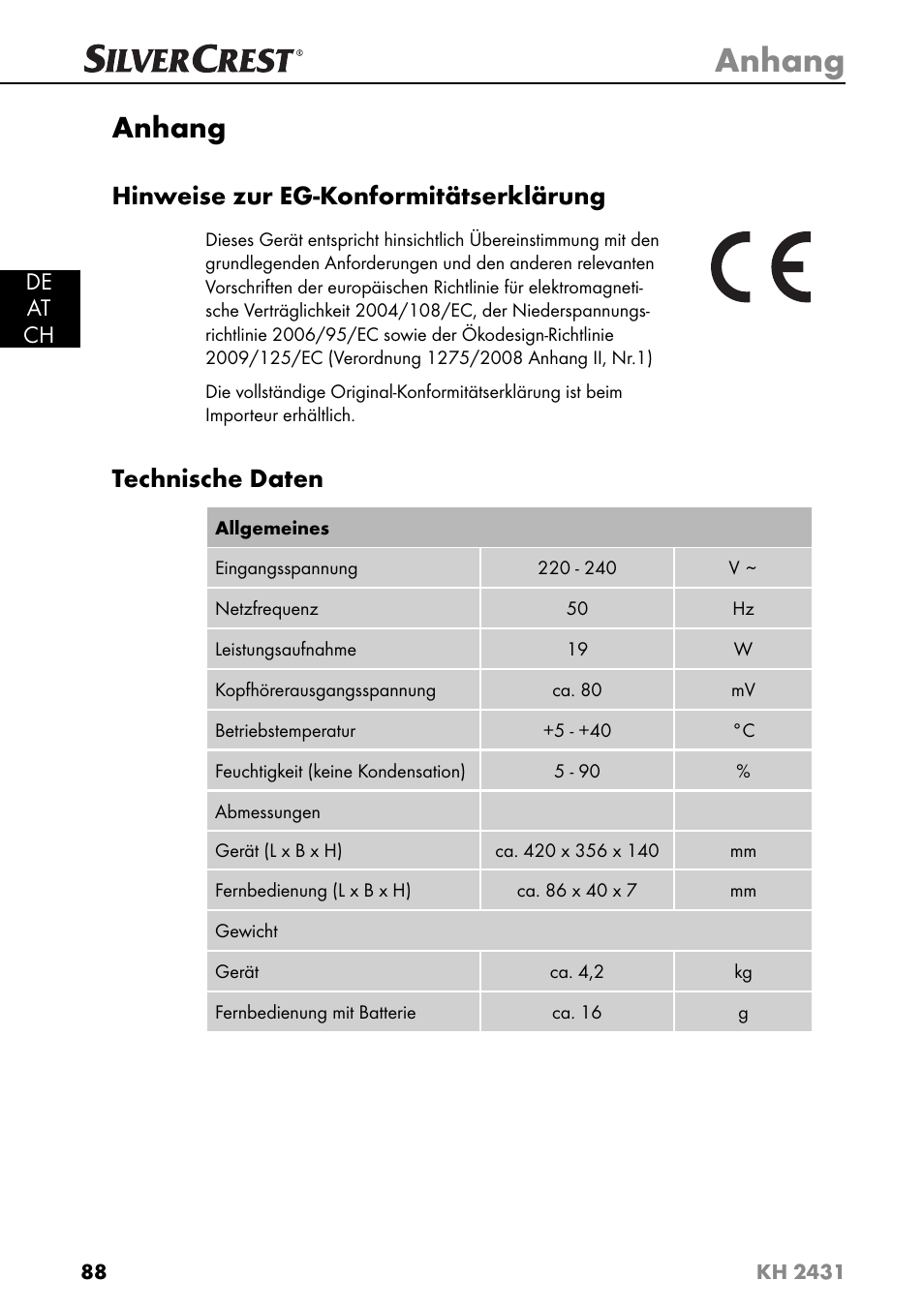 Anhang, Hinweise zur eg-konformitätserklärung, Technische daten | Silvercrest KH 2431 User Manual | Page 91 / 124