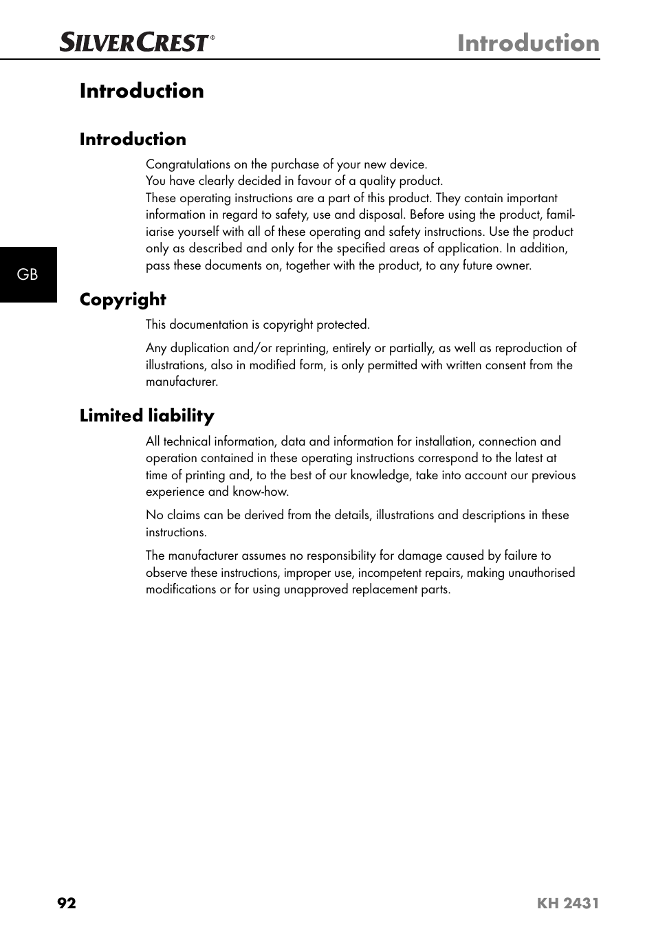 Introduction, Copyright, Limited liability | Silvercrest KH 2431 User Manual | Page 95 / 124
