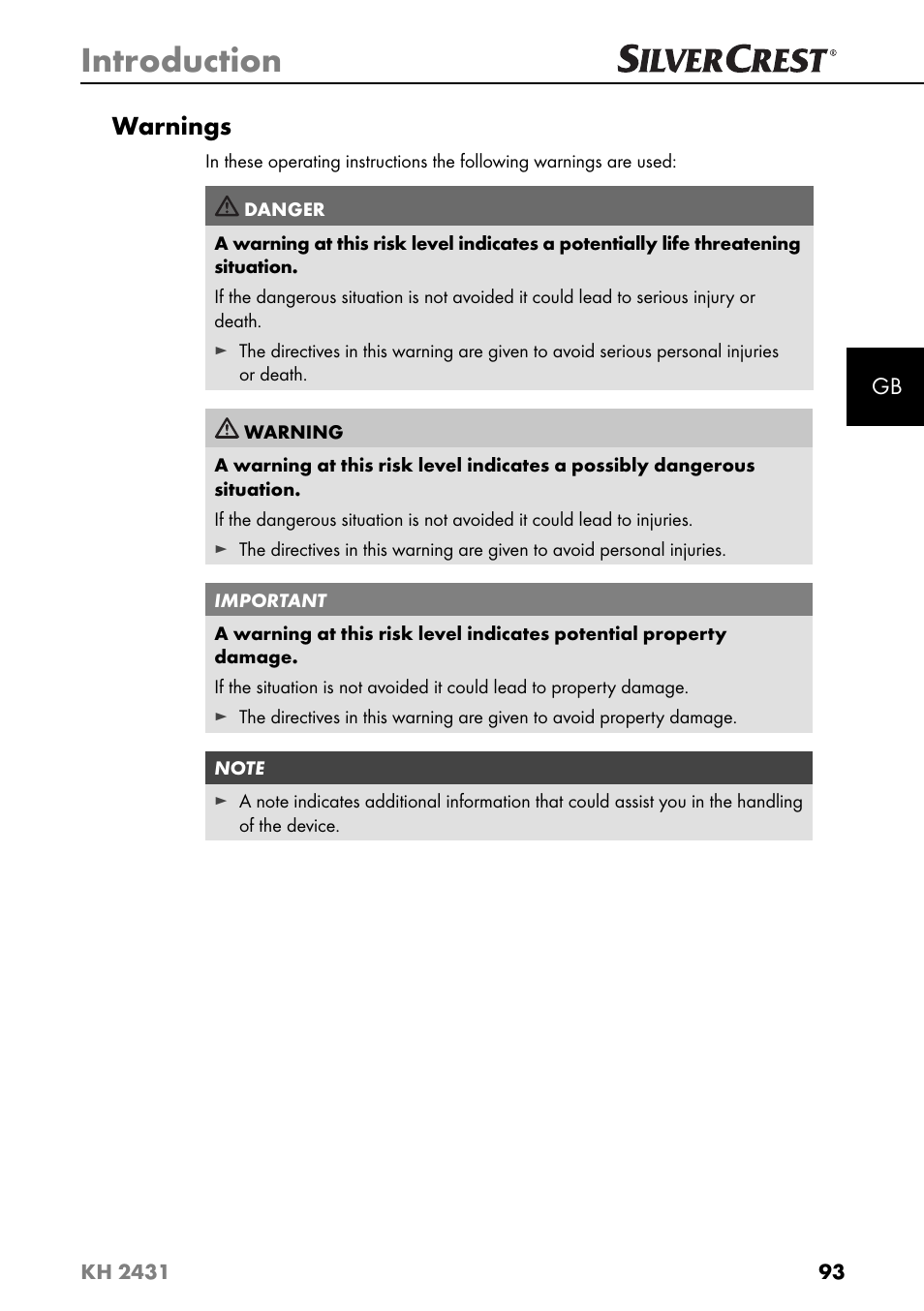 Introduction, Warnings | Silvercrest KH 2431 User Manual | Page 96 / 124