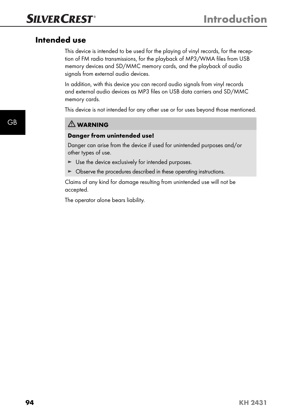 Introduction, Intended use | Silvercrest KH 2431 User Manual | Page 97 / 124