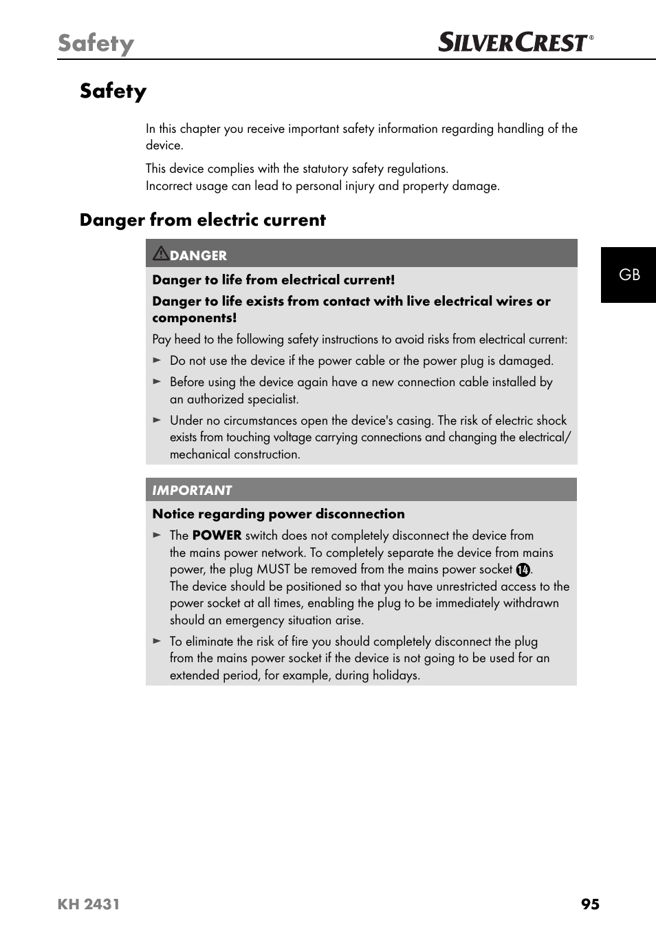 Safety, Danger from electric current | Silvercrest KH 2431 User Manual | Page 98 / 124