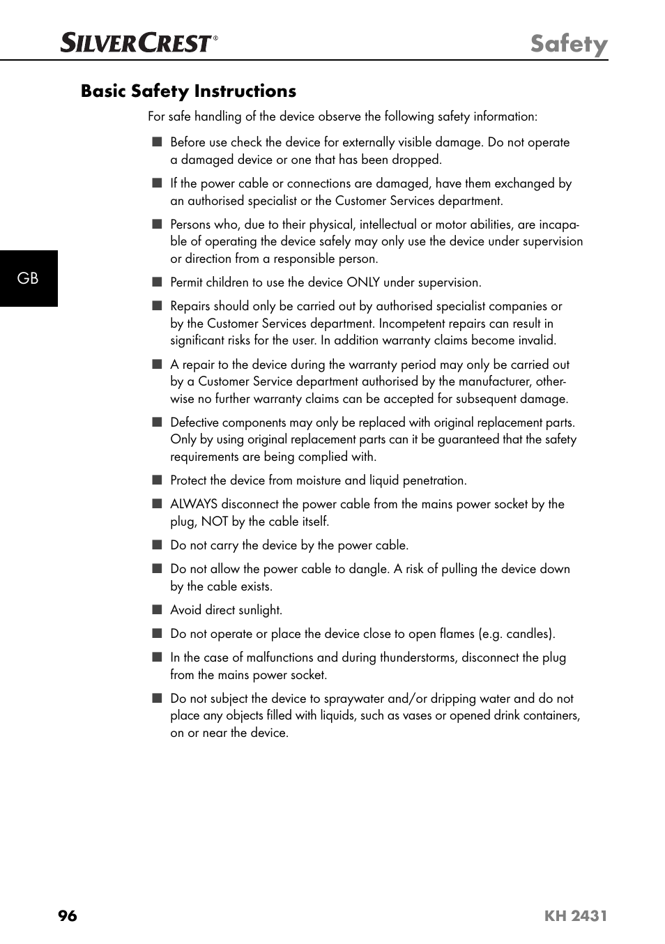 Safety, Basic safety instructions | Silvercrest KH 2431 User Manual | Page 99 / 124