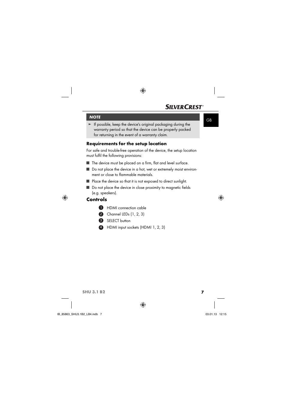 Controls, Requirements for the setup location | Silvercrest SHU 3.1 B2 User Manual | Page 10 / 46