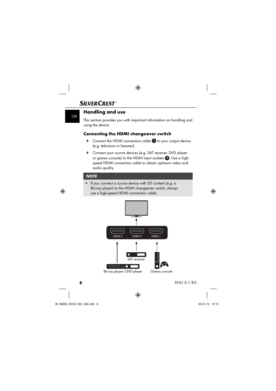 Handling and use, Connecting the hdmi changeover switch | Silvercrest SHU 3.1 B2 User Manual | Page 11 / 46