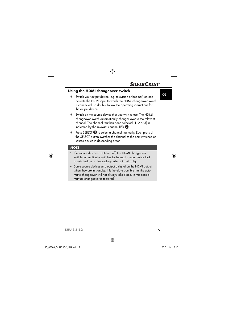 Using the hdmi changeover switch | Silvercrest SHU 3.1 B2 User Manual | Page 12 / 46