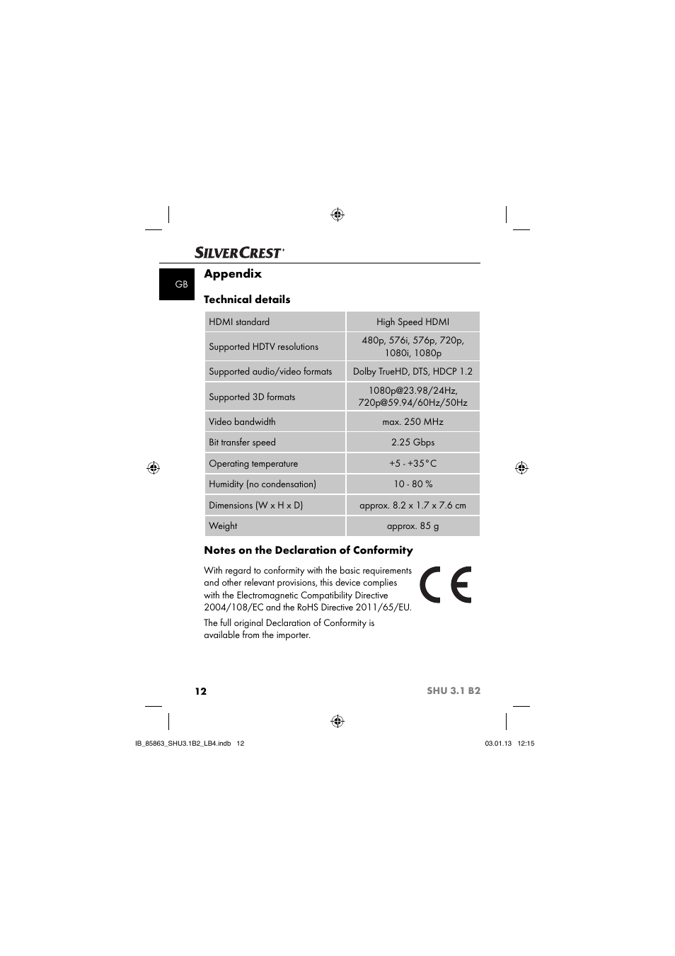 Appendix, Technical details | Silvercrest SHU 3.1 B2 User Manual | Page 15 / 46