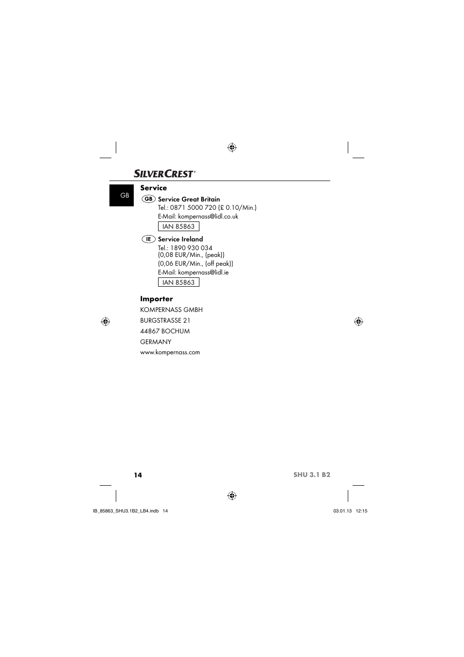 Service, Importer | Silvercrest SHU 3.1 B2 User Manual | Page 17 / 46