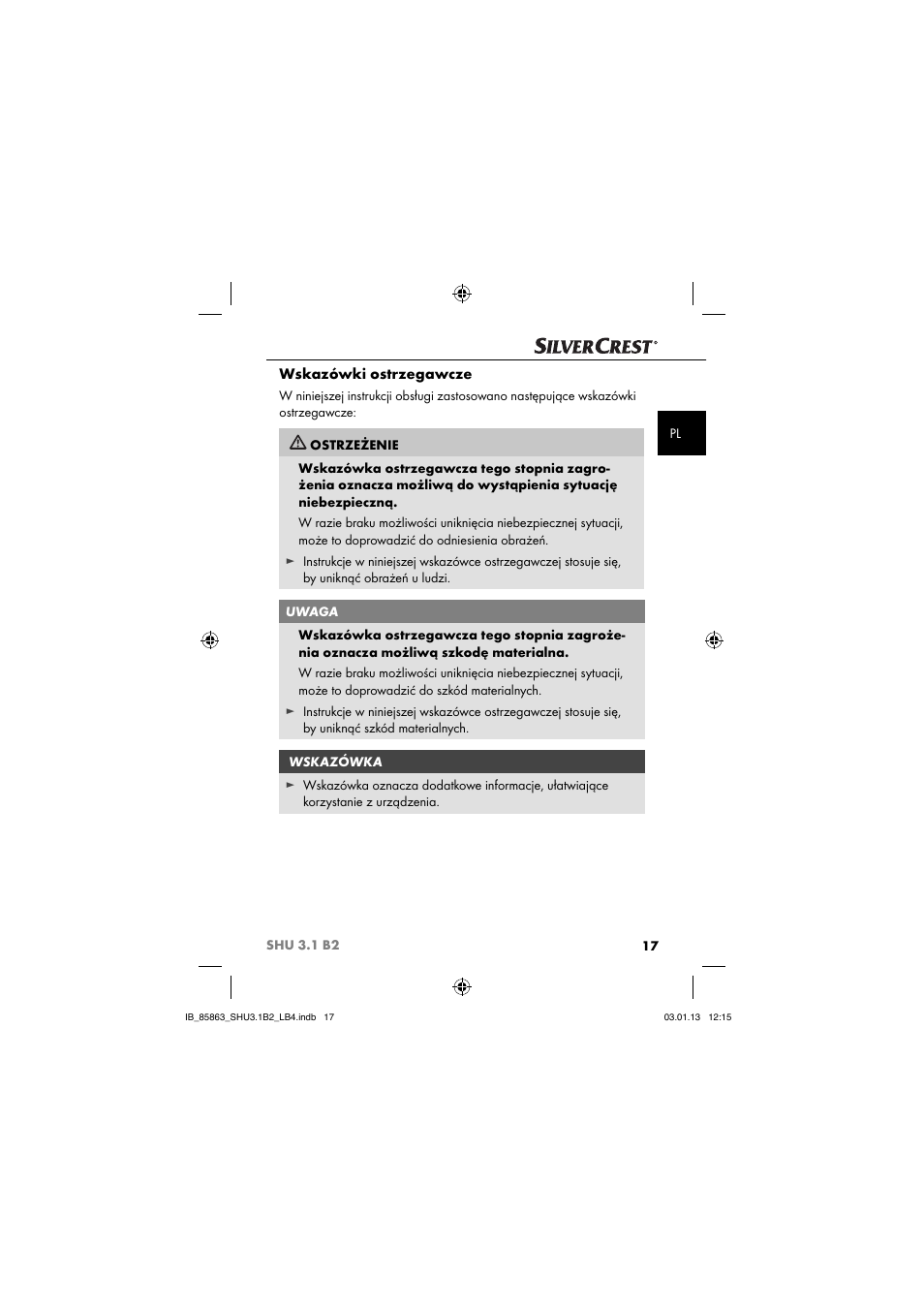 Wskazówki ostrzegawcze | Silvercrest SHU 3.1 B2 User Manual | Page 20 / 46