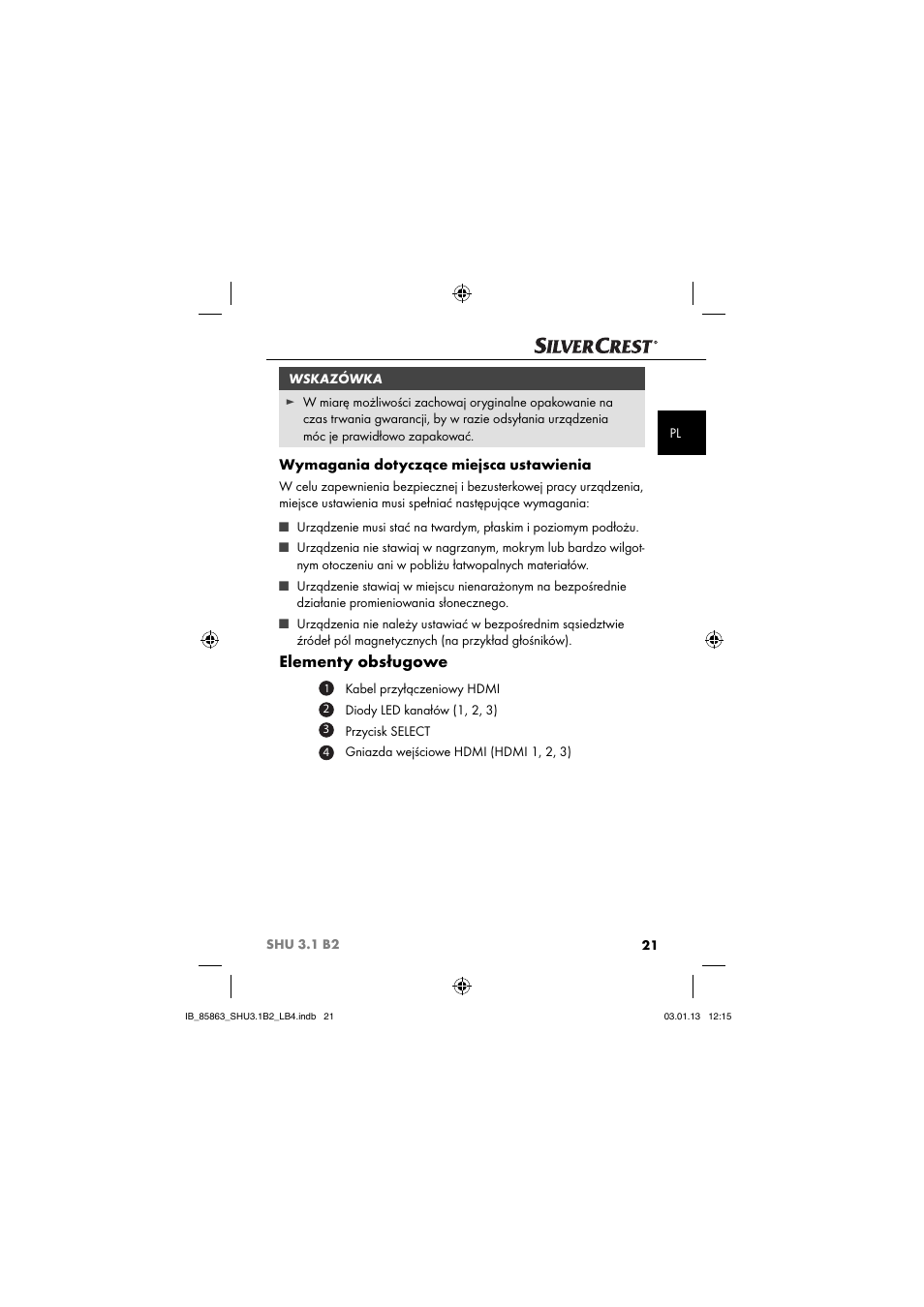 Elementy obsługowe, Wymagania dotyczące miejsca ustawienia | Silvercrest SHU 3.1 B2 User Manual | Page 24 / 46