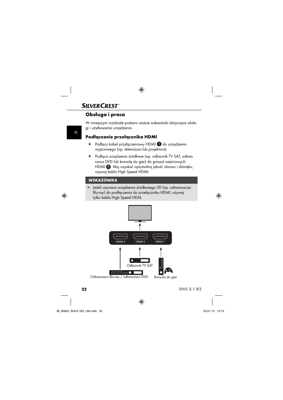 Obsługa i praca, Podłączanie przełącznika hdmi | Silvercrest SHU 3.1 B2 User Manual | Page 25 / 46