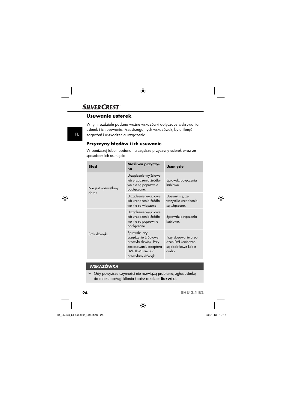 Usuwanie usterek, Przyczyny błędów i ich usuwanie | Silvercrest SHU 3.1 B2 User Manual | Page 27 / 46