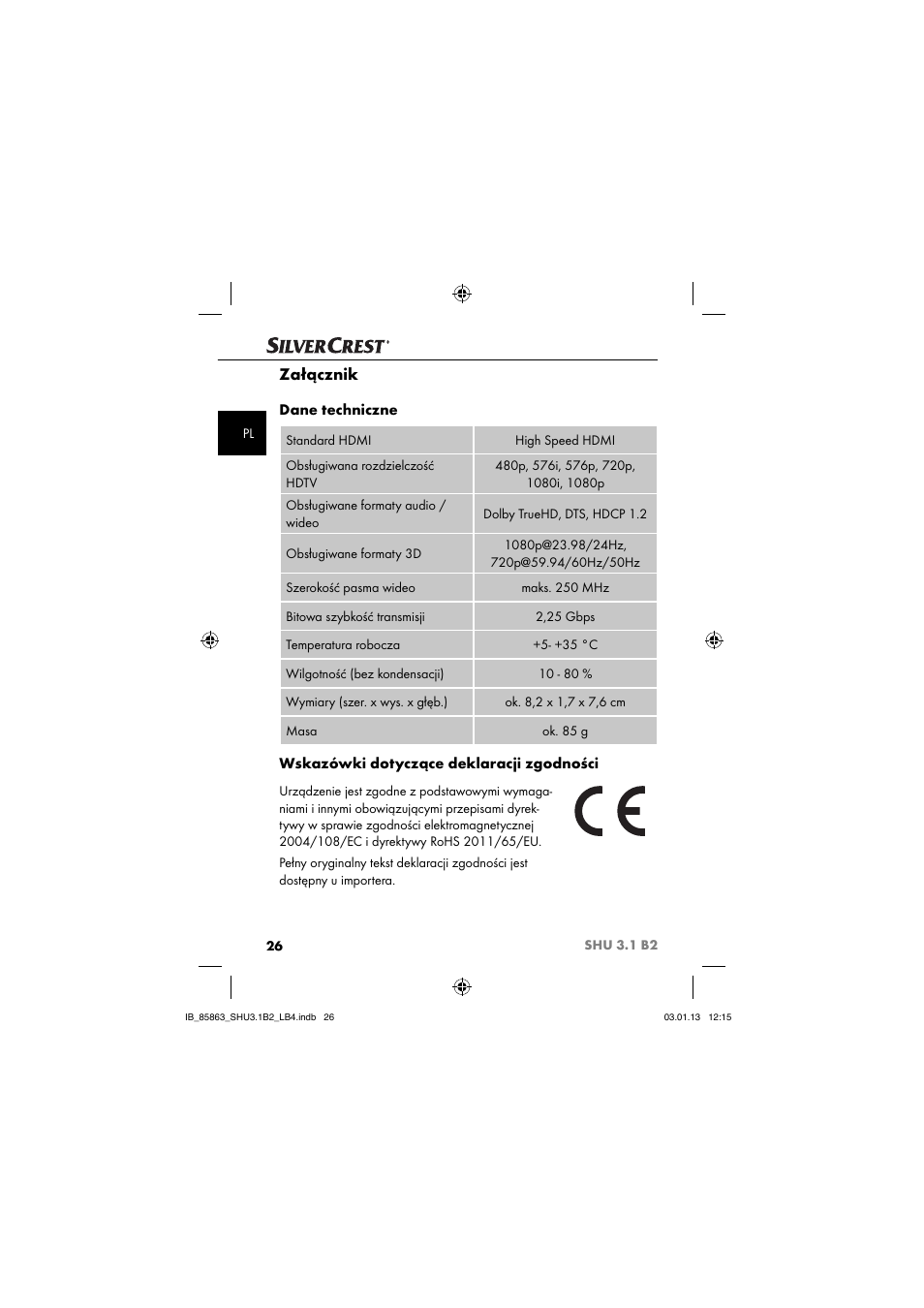 Załącznik, Dane techniczne, Wskazówki dotyczące deklaracji zgodności | Silvercrest SHU 3.1 B2 User Manual | Page 29 / 46