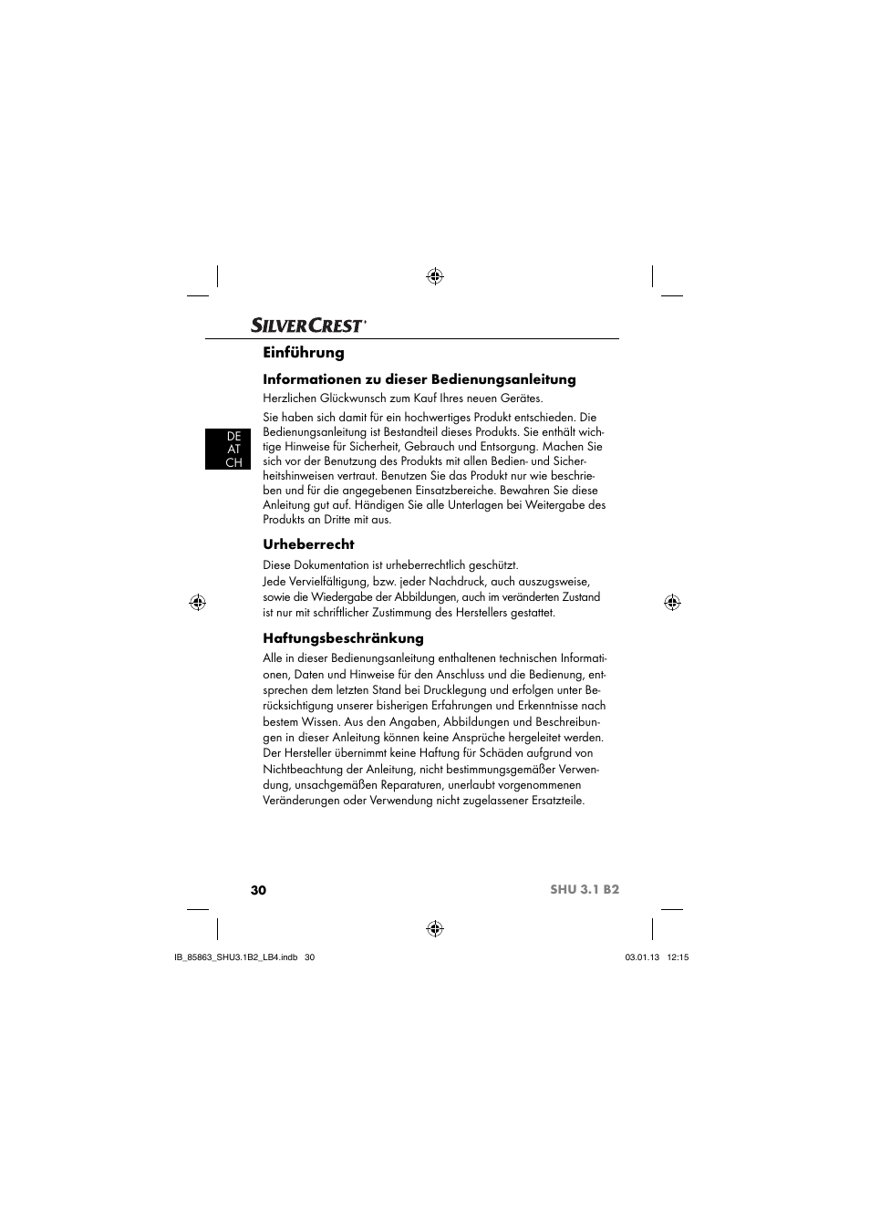 Einführung, Informationen zu dieser bedienungsanleitung, Urheberrecht | Haftungsbeschränkung | Silvercrest SHU 3.1 B2 User Manual | Page 33 / 46