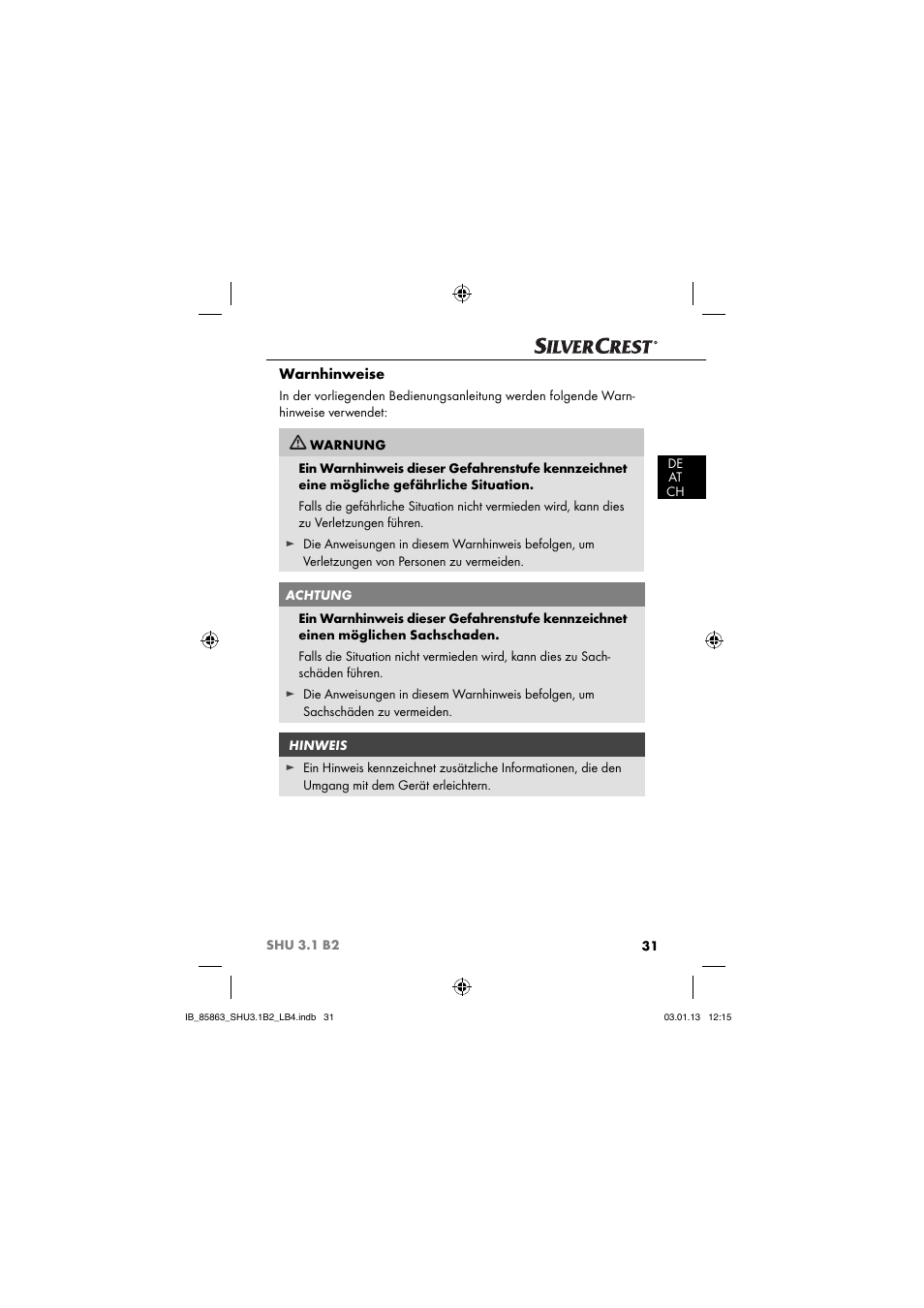 Warnhinweise | Silvercrest SHU 3.1 B2 User Manual | Page 34 / 46