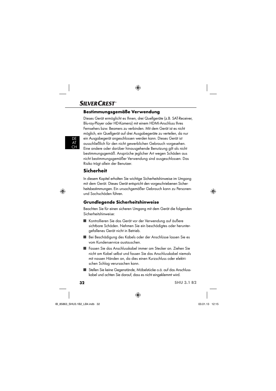 Sicherheit, Bestimmungsgemäße verwendung, Grundlegende sicherheitshinweise | Silvercrest SHU 3.1 B2 User Manual | Page 35 / 46