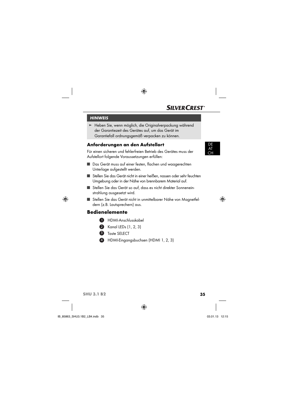 Bedienelemente, Anforderungen an den aufstellort | Silvercrest SHU 3.1 B2 User Manual | Page 38 / 46