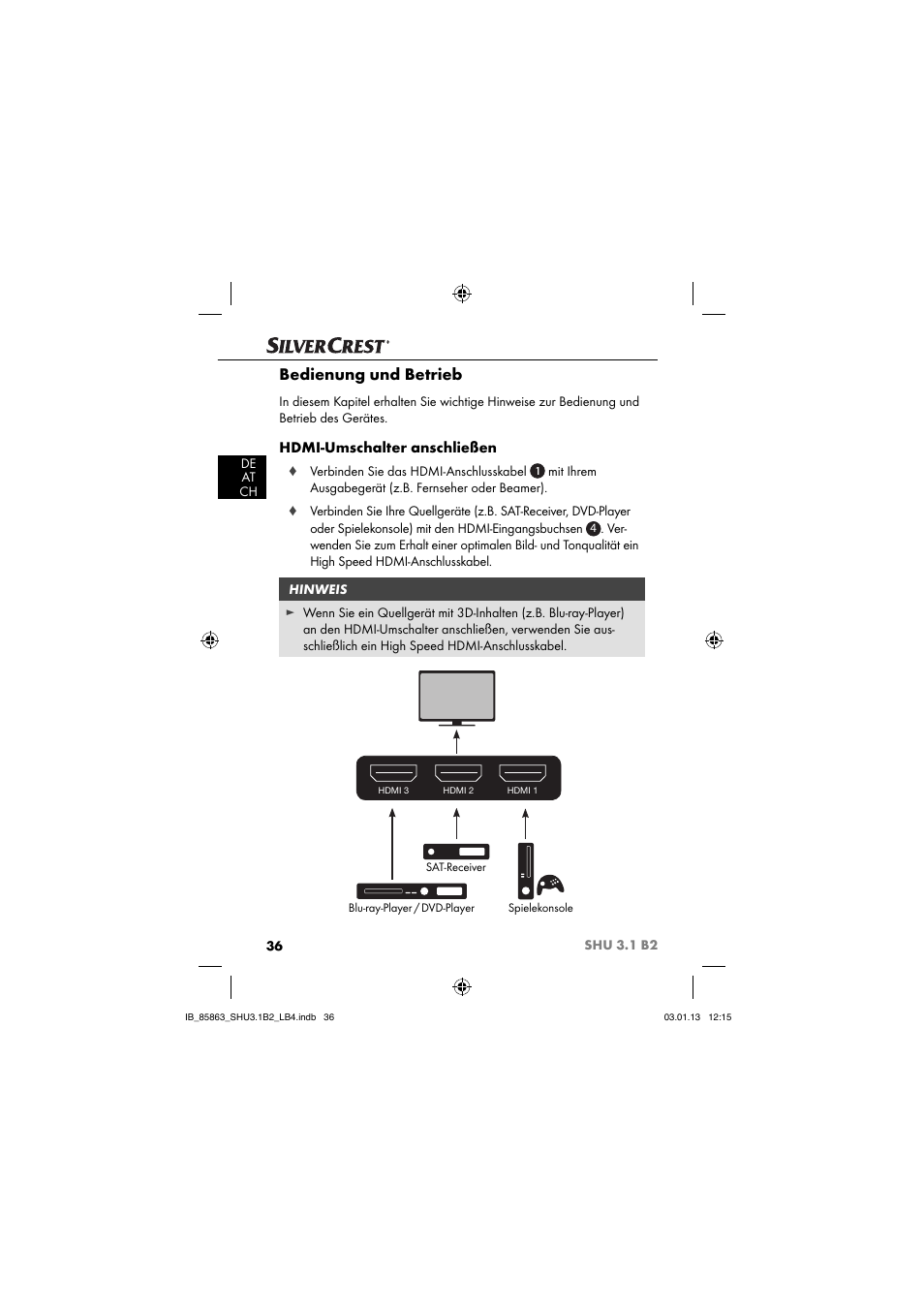 Bedienung und betrieb, Hdmi-umschalter anschließen | Silvercrest SHU 3.1 B2 User Manual | Page 39 / 46