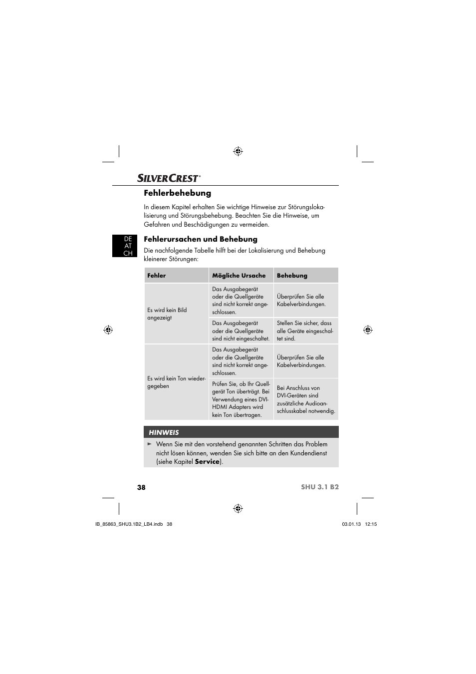 Fehlerbehebung, Fehlerursachen und behebung | Silvercrest SHU 3.1 B2 User Manual | Page 41 / 46