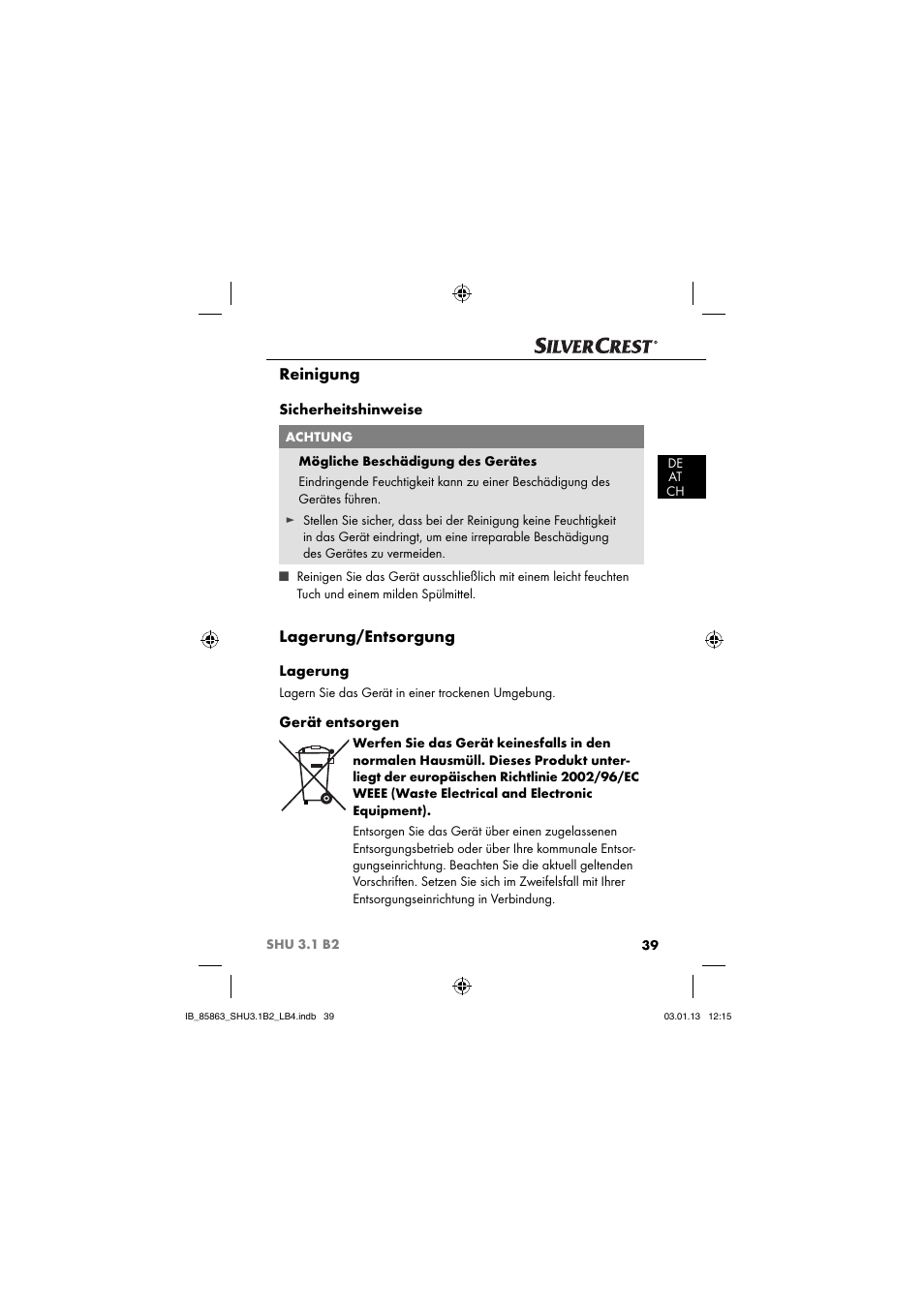 Reinigung, Lagerung/entsorgung, Sicherheitshinweise | Lagerung, Gerät entsorgen | Silvercrest SHU 3.1 B2 User Manual | Page 42 / 46