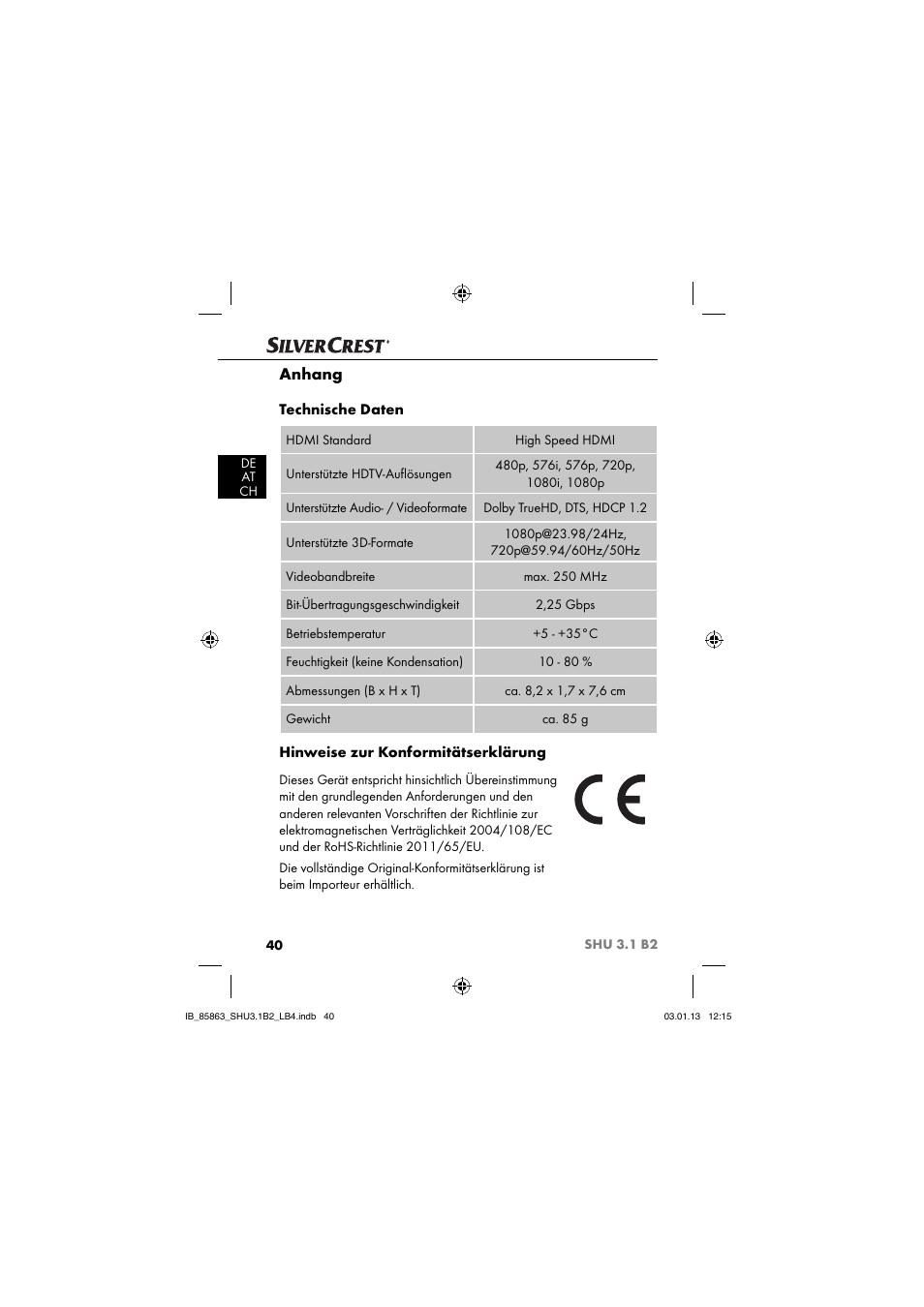 Anhang, Technische daten, Hinweise zur konformitätserklärung | Silvercrest SHU 3.1 B2 User Manual | Page 43 / 46