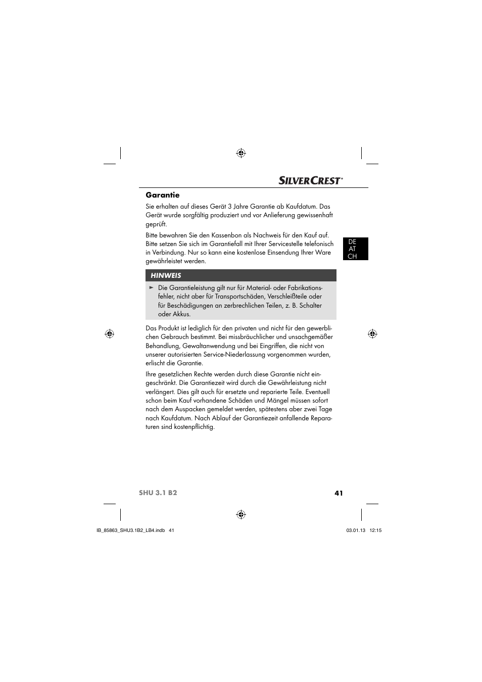 Garantie | Silvercrest SHU 3.1 B2 User Manual | Page 44 / 46