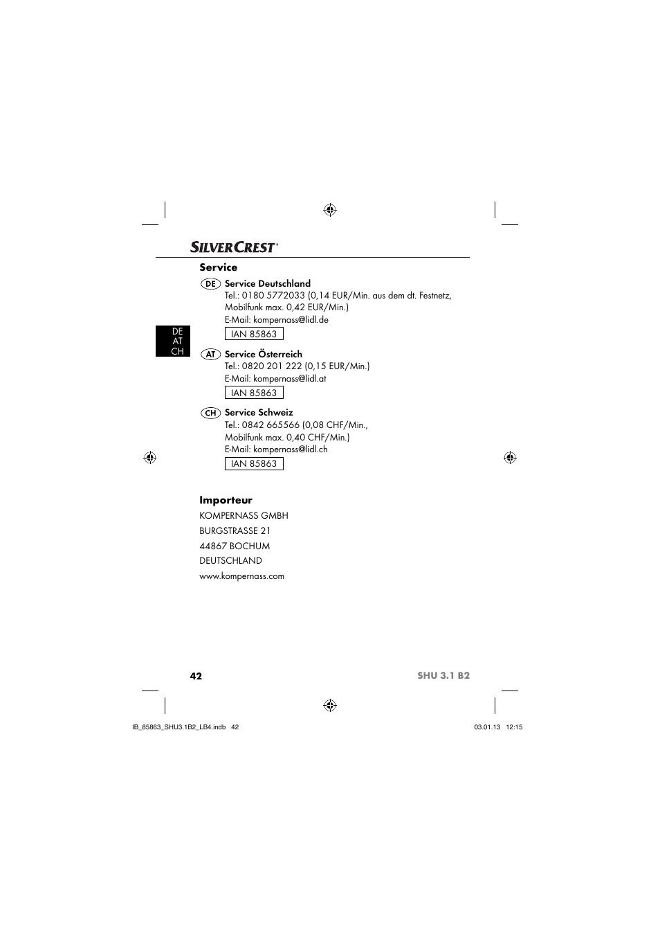 Service, Importeur | Silvercrest SHU 3.1 B2 User Manual | Page 45 / 46