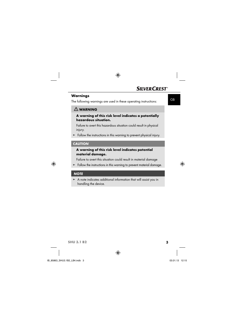 Warnings | Silvercrest SHU 3.1 B2 User Manual | Page 6 / 46