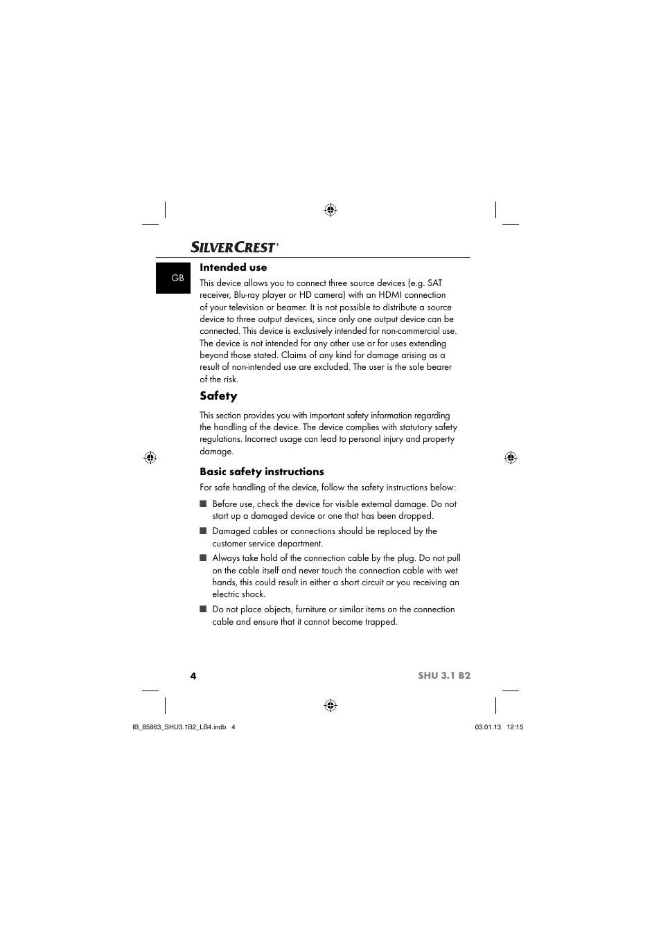 Safety, Intended use, Basic safety instructions | Silvercrest SHU 3.1 B2 User Manual | Page 7 / 46