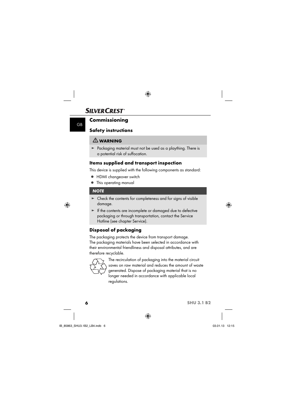 Commissioning, Safety instructions, Items supplied and transport inspection | Disposal of packaging | Silvercrest SHU 3.1 B2 User Manual | Page 9 / 46