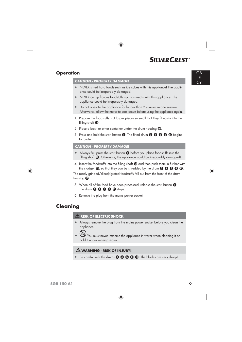 Cleaning, Operation, Gb ie cy | Silvercrest SGR 150 A1 User Manual | Page 11 / 30