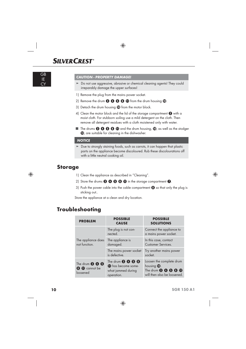 Storage, Troubleshooting, Gb ie cy | Silvercrest SGR 150 A1 User Manual | Page 12 / 30