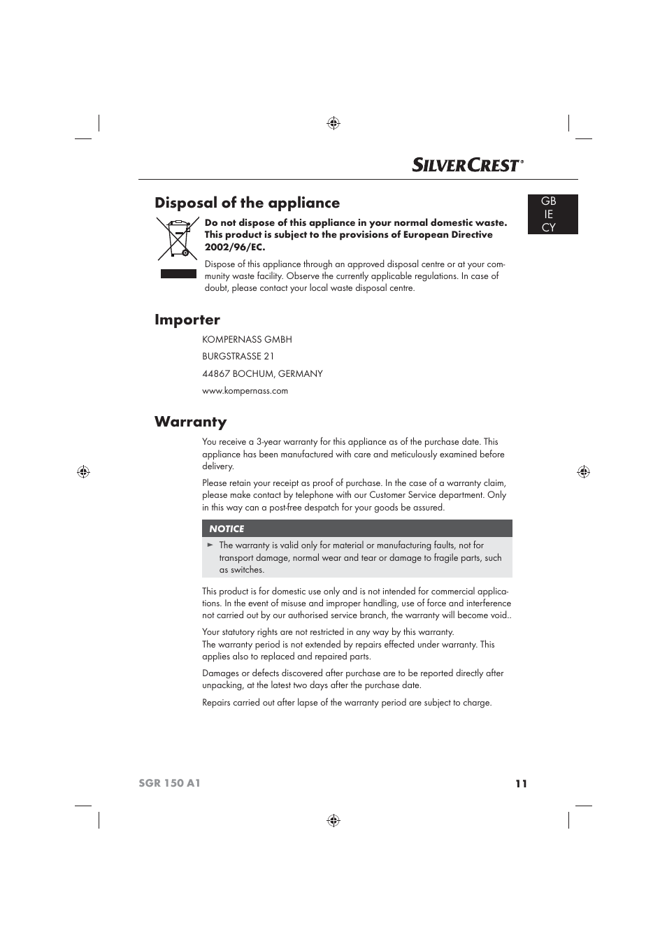 Disposal of the appliance, Importer, Warranty | Gb ie cy | Silvercrest SGR 150 A1 User Manual | Page 13 / 30