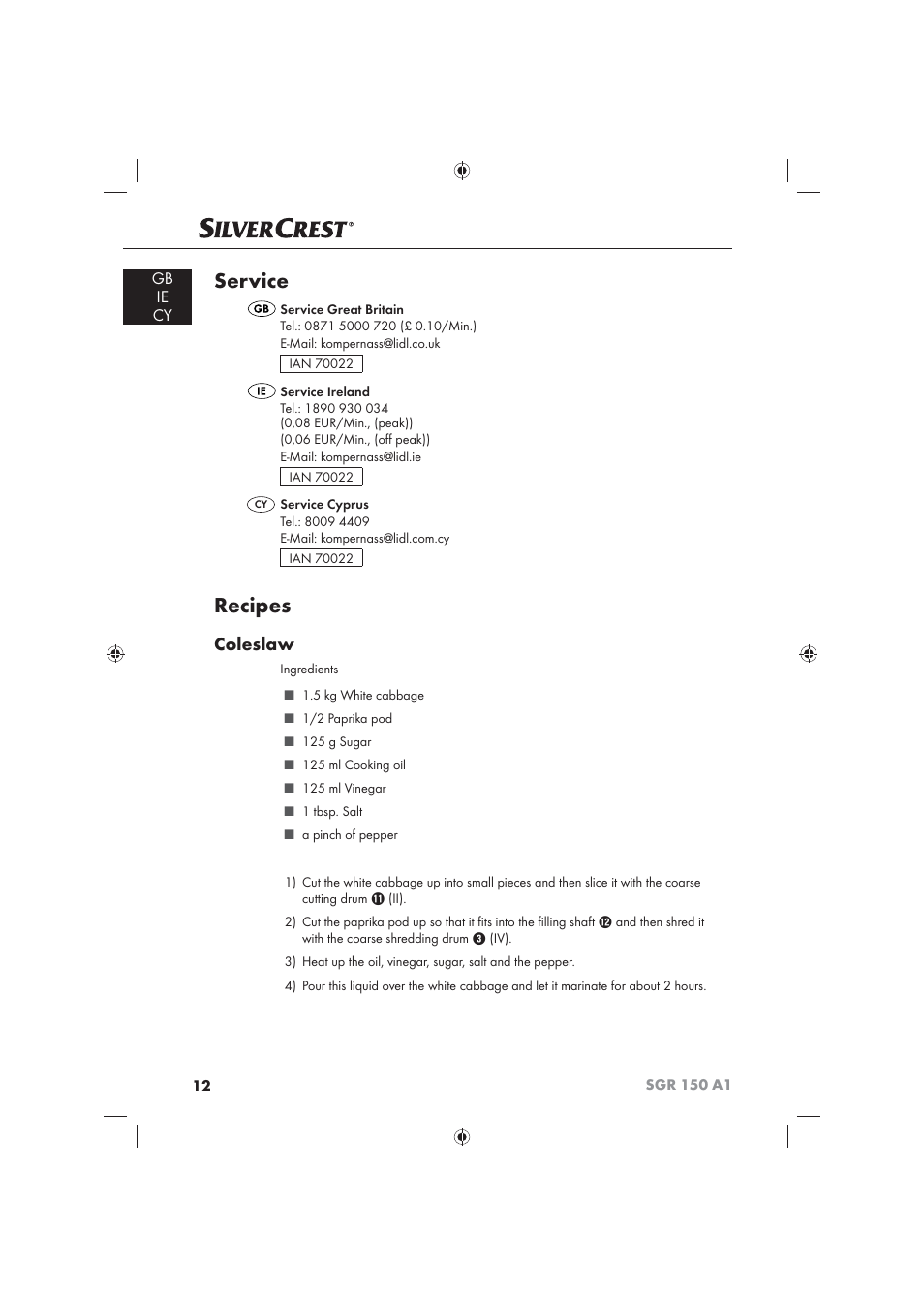 Service, Recipes, Coleslaw | Gb ie cy | Silvercrest SGR 150 A1 User Manual | Page 14 / 30