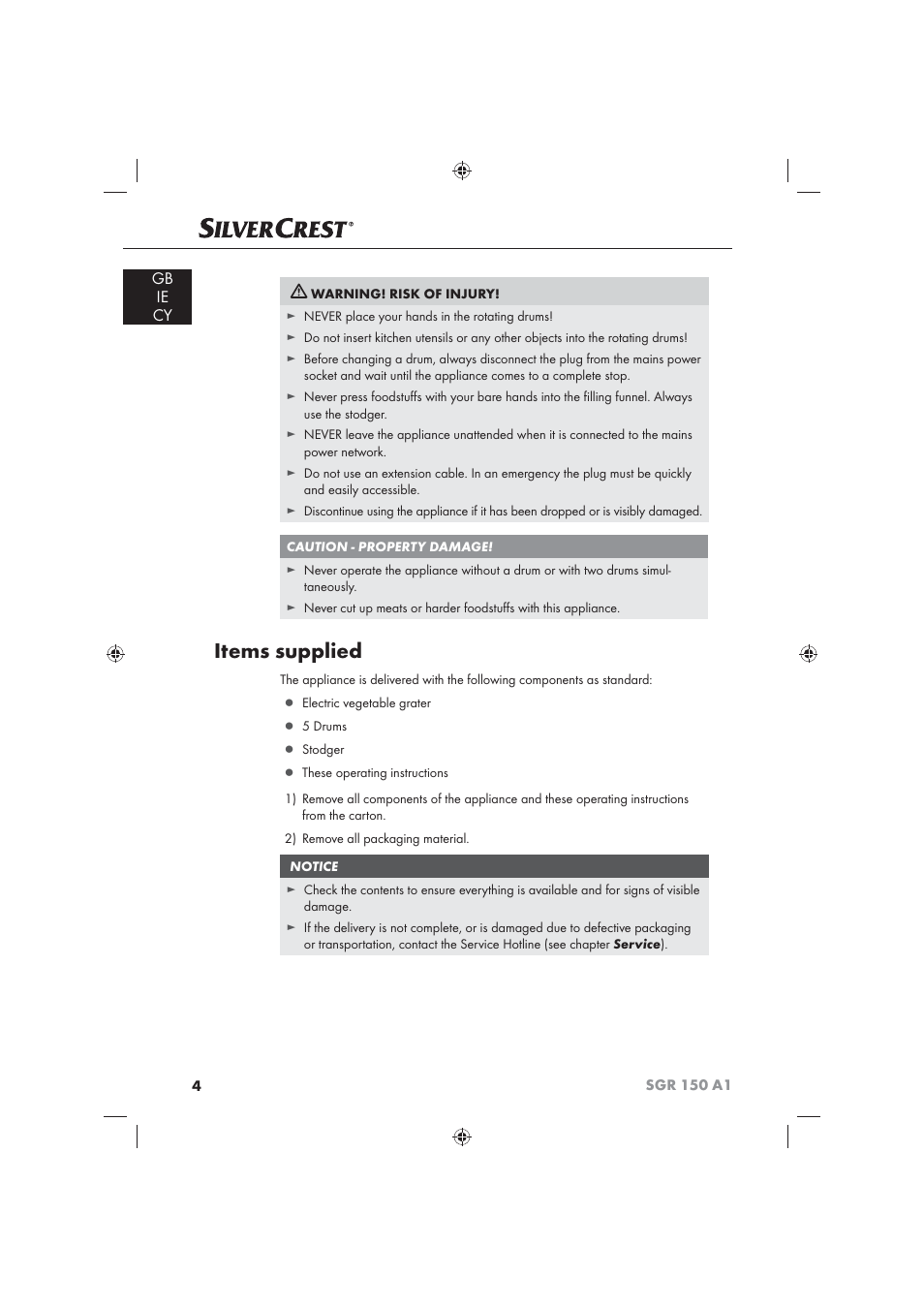 Items supplied, Gb ie cy | Silvercrest SGR 150 A1 User Manual | Page 6 / 30