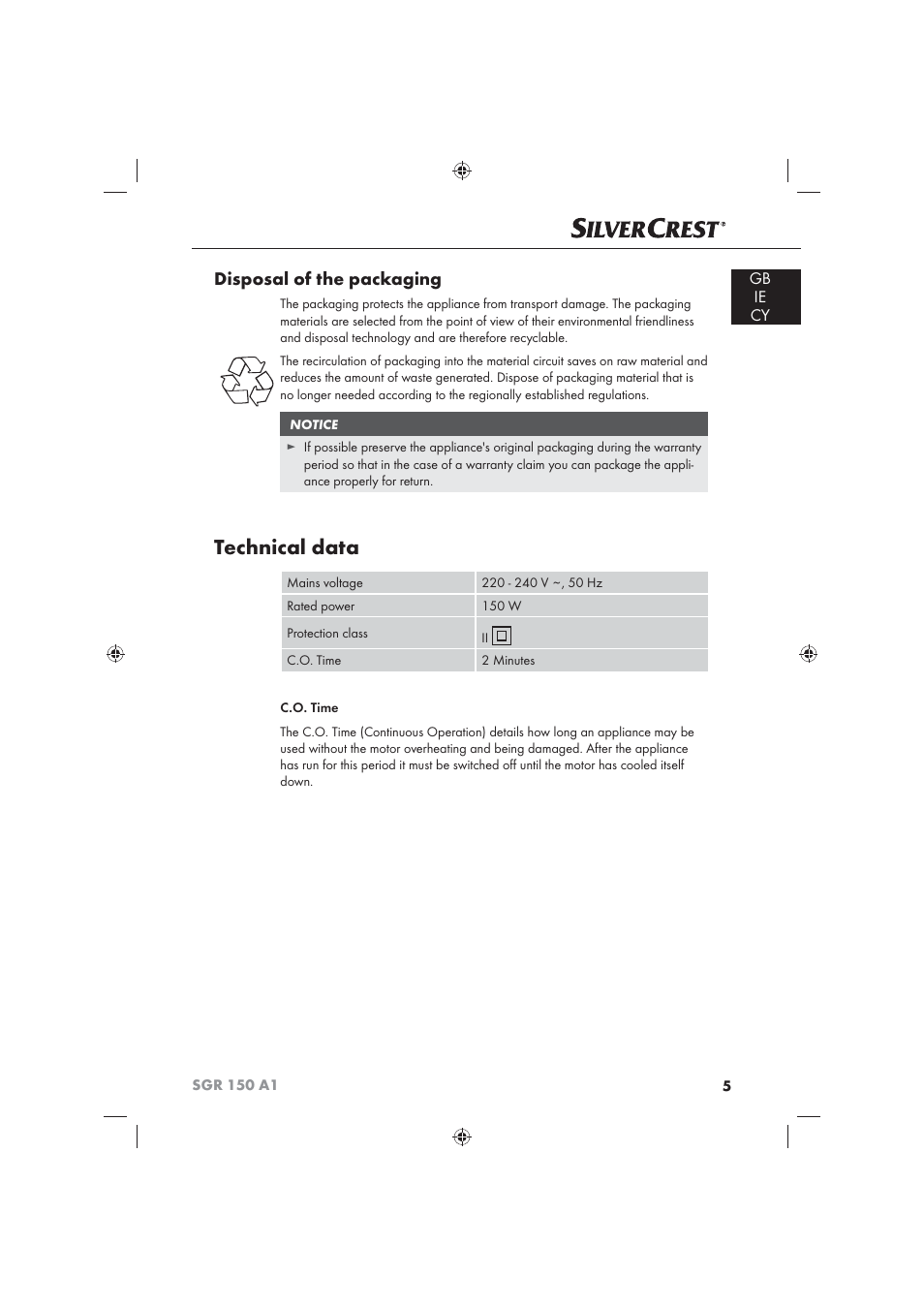 Technical data, Disposal of the packaging, Gb ie cy | Silvercrest SGR 150 A1 User Manual | Page 7 / 30