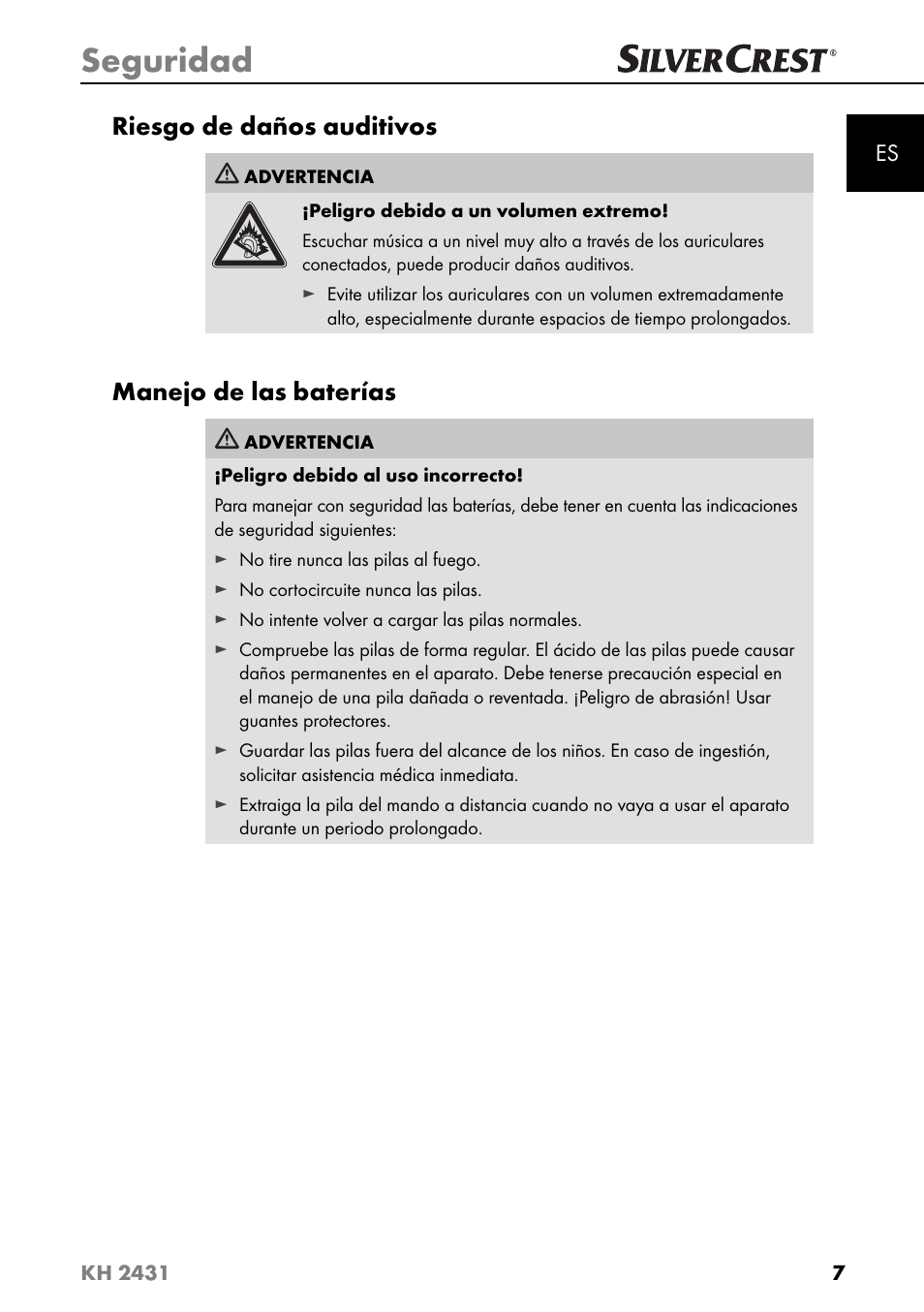 Seguridad, Riesgo de daños auditivos, Manejo de las baterías | Silvercrest KH 2431 User Manual | Page 10 / 124