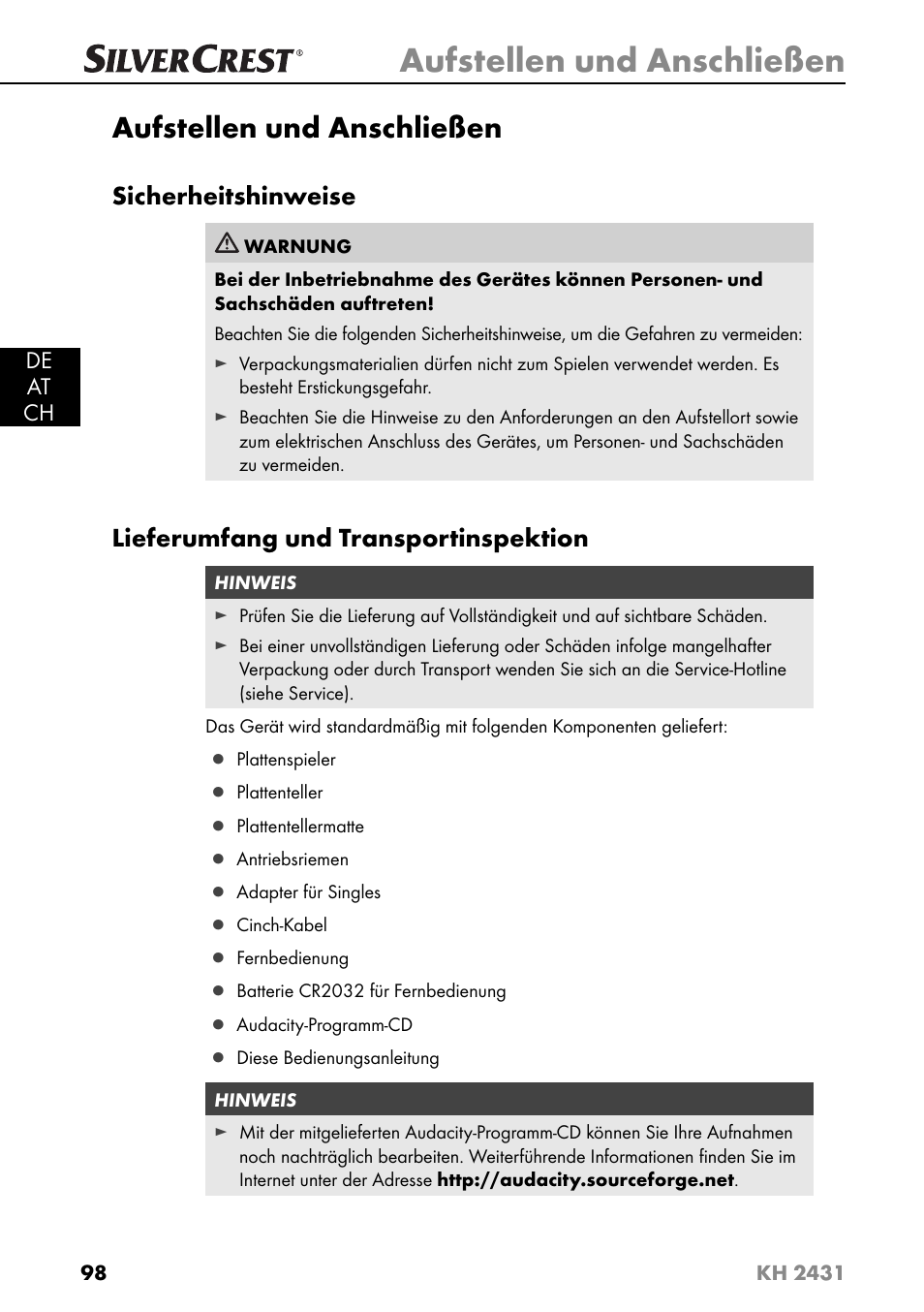 Aufstellen und anschließen, Sicherheitshinweise, Lieferumfang und transportinspektion | Silvercrest KH 2431 User Manual | Page 101 / 124