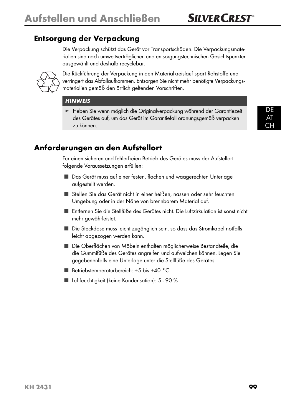 Aufstellen und anschließen, Entsorgung der verpackung, Anforderungen an den aufstellort | Silvercrest KH 2431 User Manual | Page 102 / 124