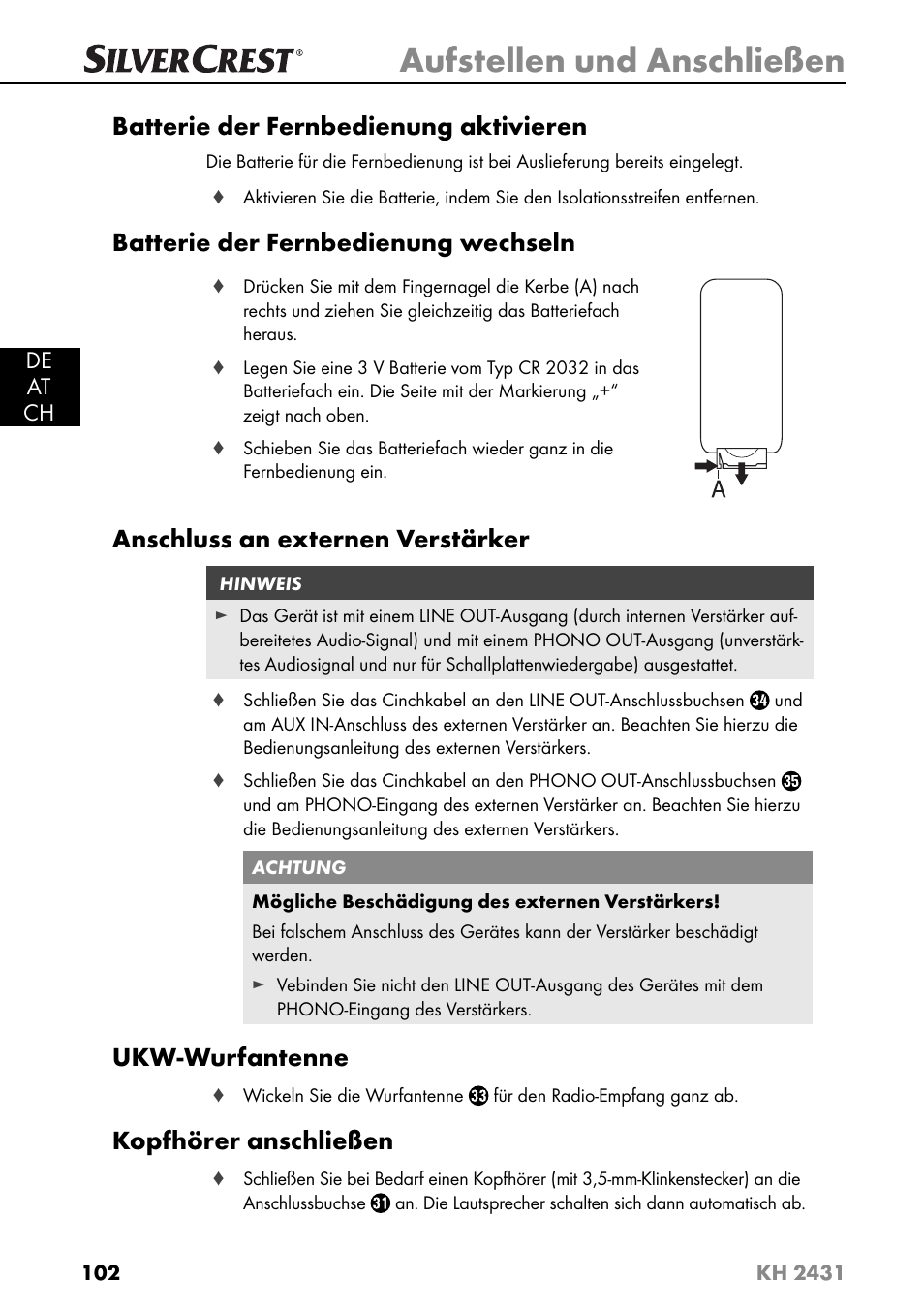 Aufstellen und anschließen, Batterie der fernbedienung aktivieren, Batterie der fernbedienung wechseln | Anschluss an externen verstärker, Ukw-wurfantenne, Kopfhörer anschließen | Silvercrest KH 2431 User Manual | Page 105 / 124