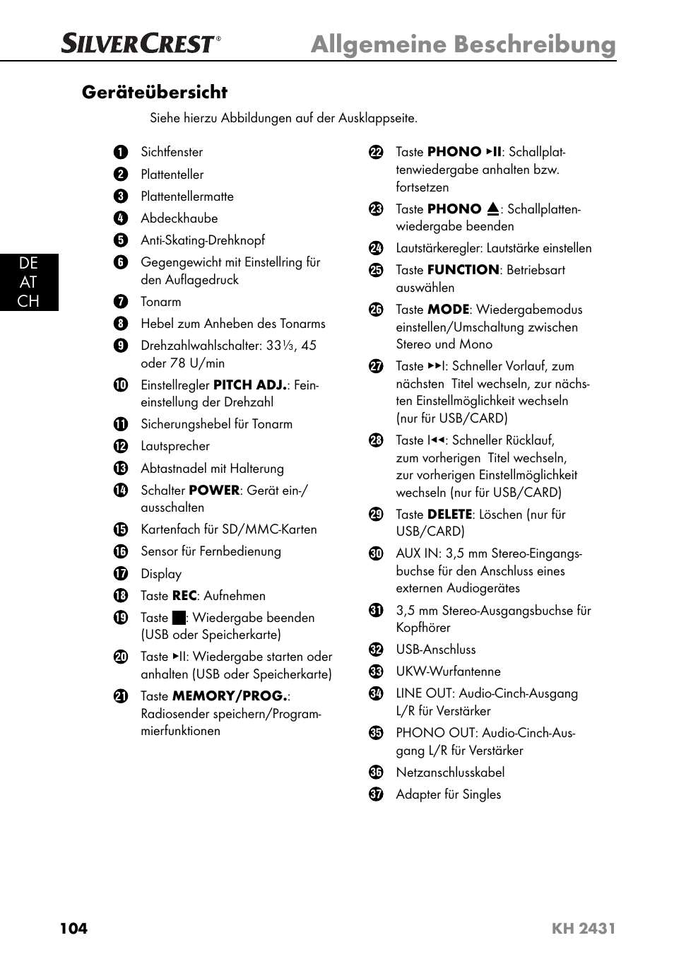 Allgemeine beschreibung, Geräteübersicht, De at ch | Silvercrest KH 2431 User Manual | Page 107 / 124
