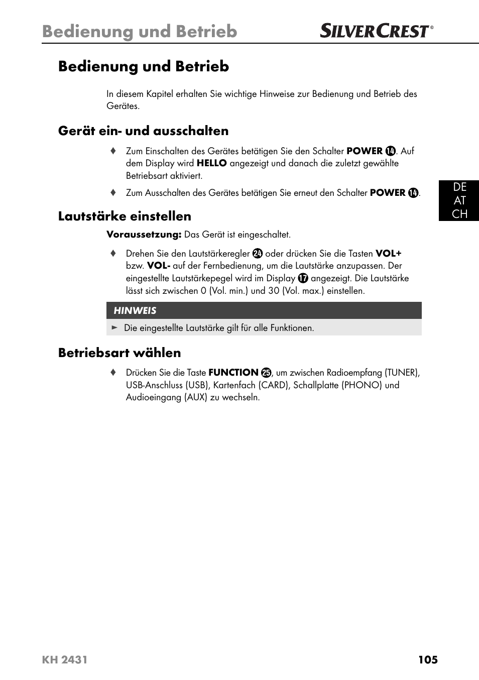 Bedienung und betrieb, Gerät ein- und ausschalten, Lautstärke einstellen | Betriebsart wählen | Silvercrest KH 2431 User Manual | Page 108 / 124