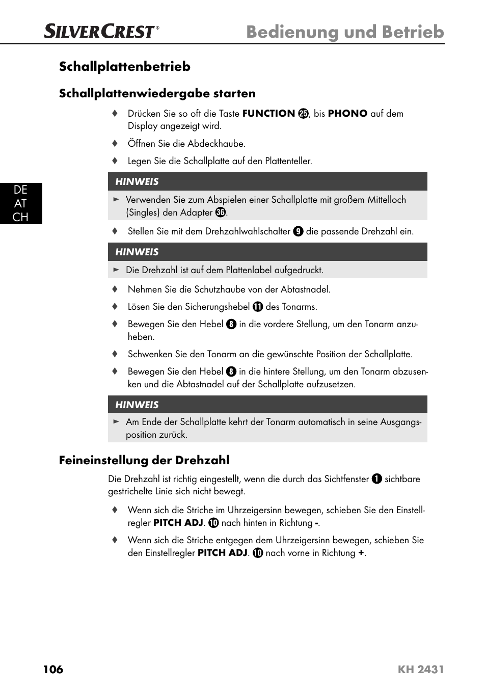 Bedienung und betrieb, Schallplattenbetrieb | Silvercrest KH 2431 User Manual | Page 109 / 124