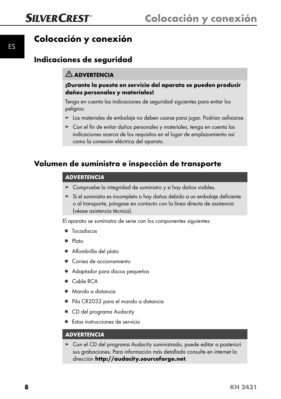 Colocación y conexión, Indicaciones de seguridad, Volumen de suministro e inspección de transporte | Silvercrest KH 2431 User Manual | Page 11 / 124