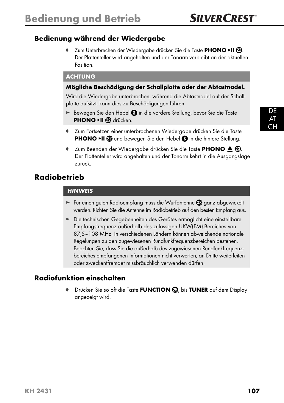 Bedienung und betrieb, Radiobetrieb | Silvercrest KH 2431 User Manual | Page 110 / 124