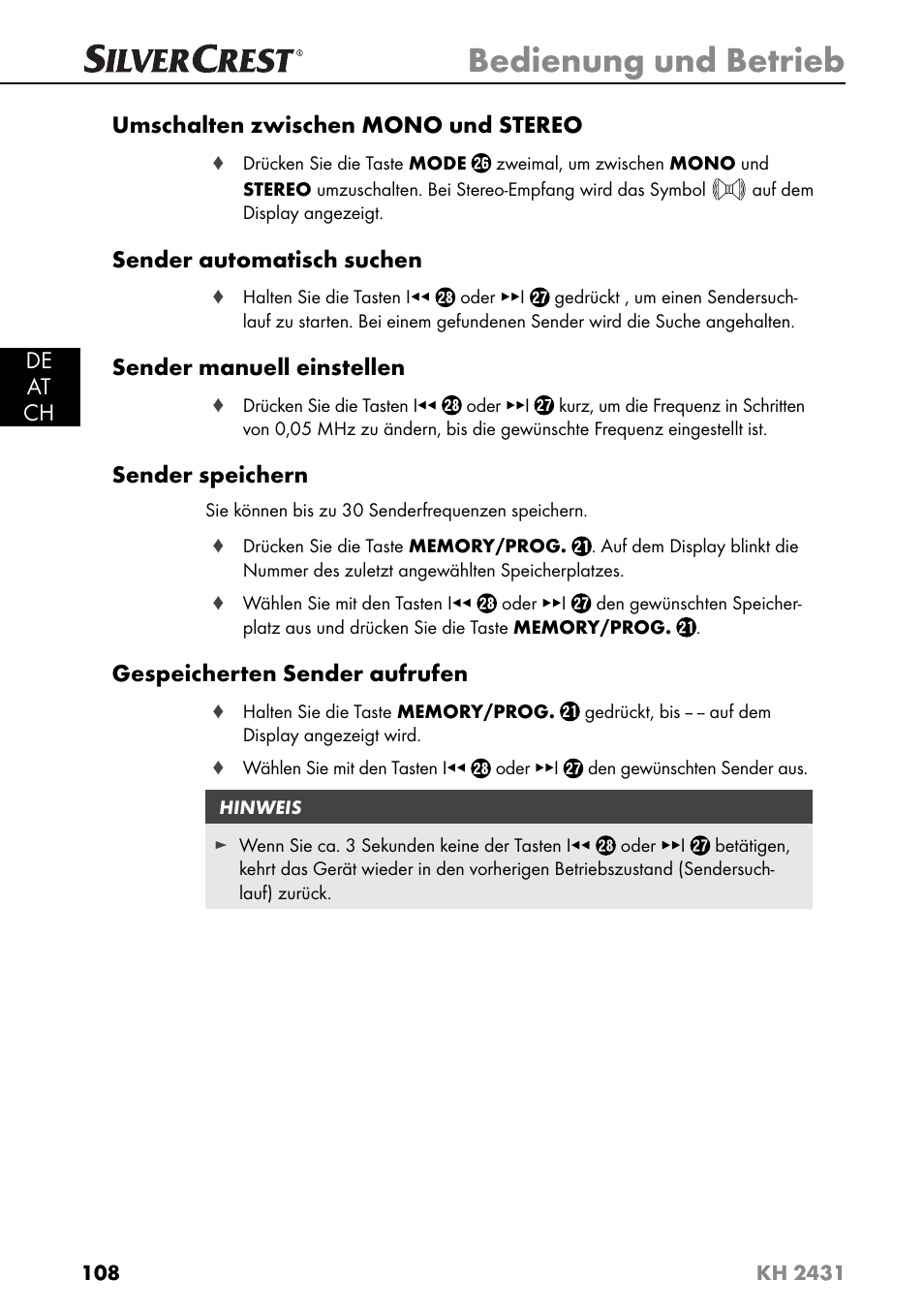 Bedienung und betrieb | Silvercrest KH 2431 User Manual | Page 111 / 124