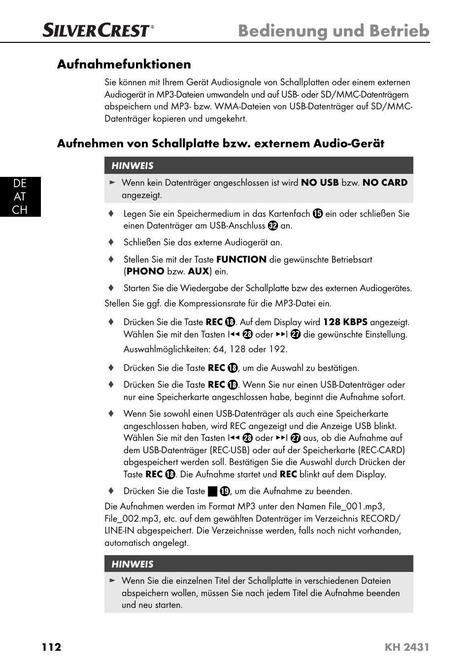 Bedienung und betrieb, Aufnahmefunktionen | Silvercrest KH 2431 User Manual | Page 115 / 124